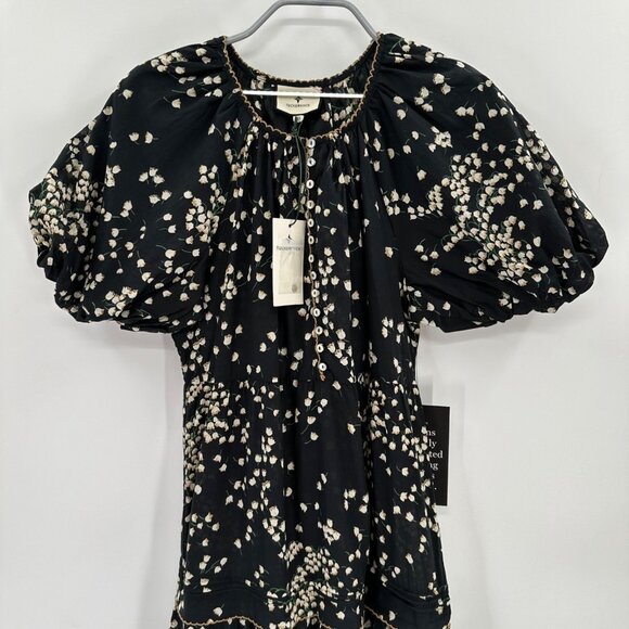 Tuckernuck Black Tossed Floral Mimi Midi Dress XS 100% Cotton A-Line Puff Sleeve - Picture 3 of 11